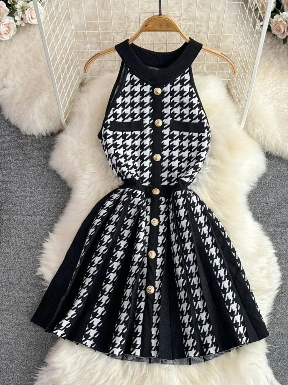 Cider Black & White Houndstooth Halter Knit Mini Dress